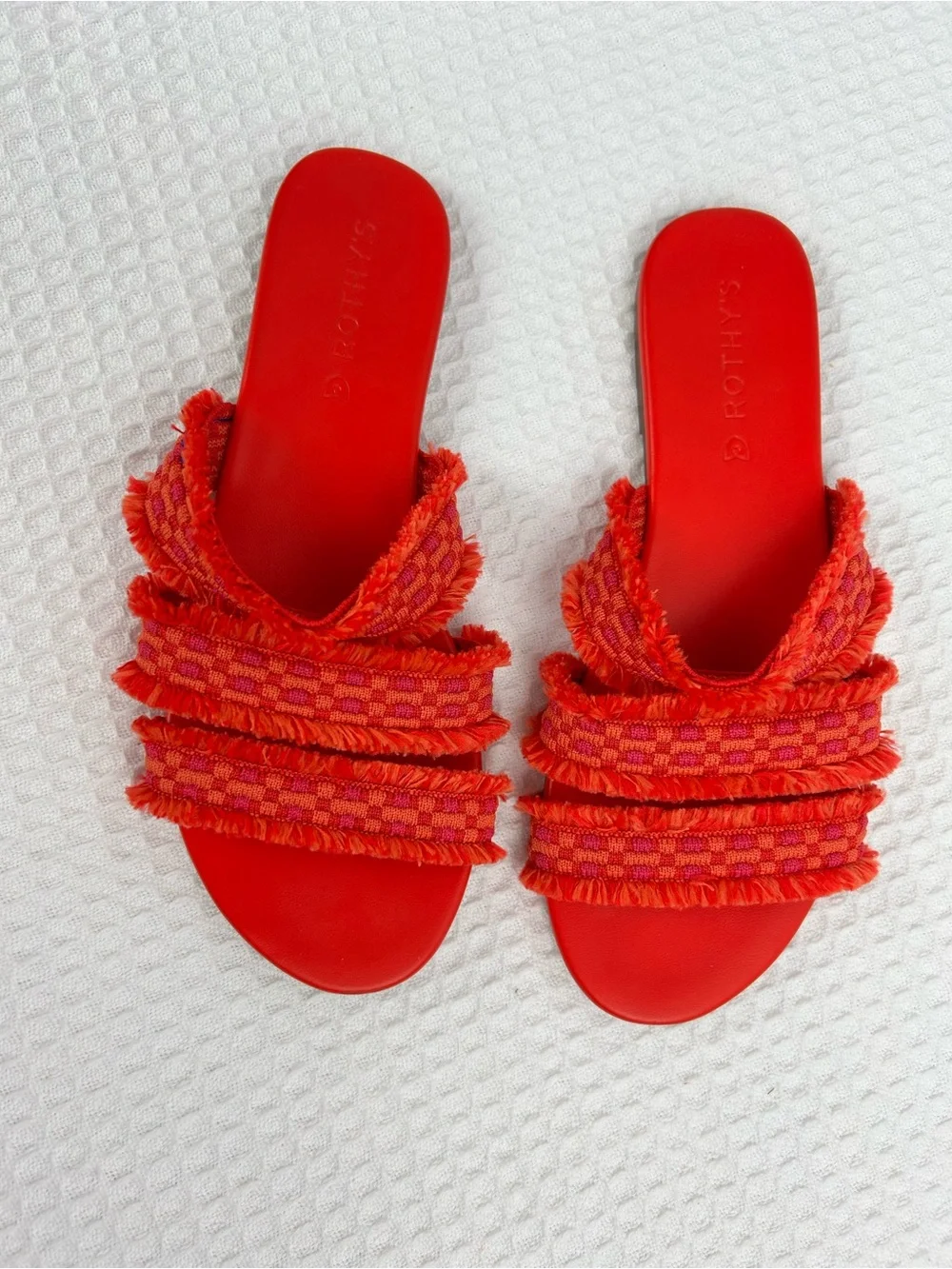 Rothy’s The Triple Band Fringe Slide Sandals Red Pink Women’s Size 8